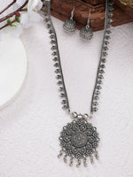 Thumbnail for NVR Women's Silver-Toned Floral Shape Oxidized Necklace with Jhumka Earrings - Distacart