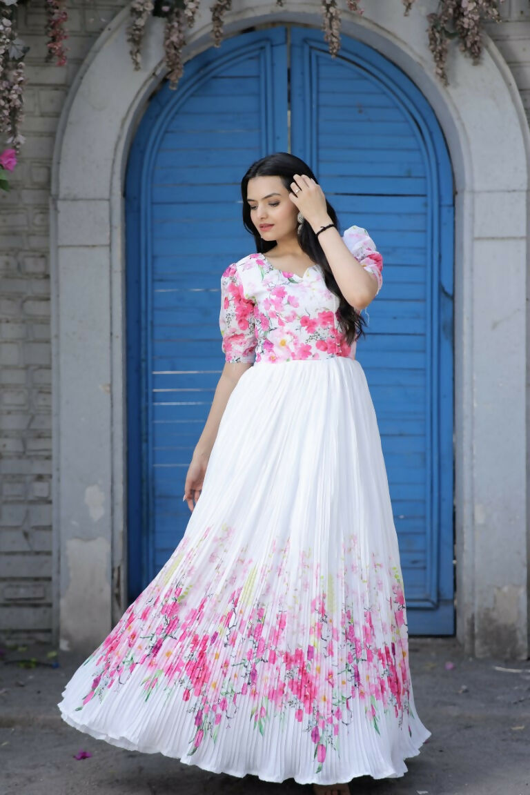Jyoti Fashion Women's White Floral Digital Printed Chinon Anarkali Dress - Distacart
