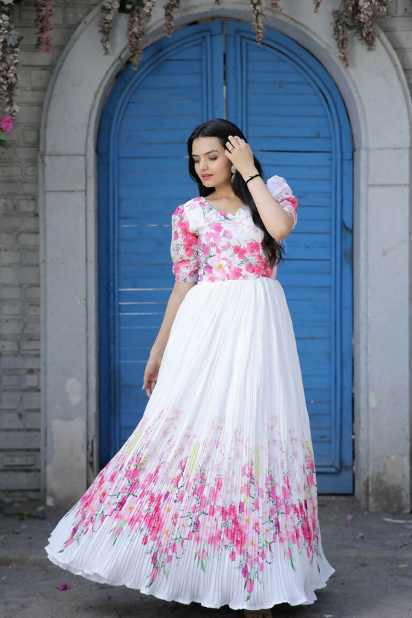 Jyoti Fashion Women's White Floral Digital Printed Chinon Anarkali Dress - Distacart