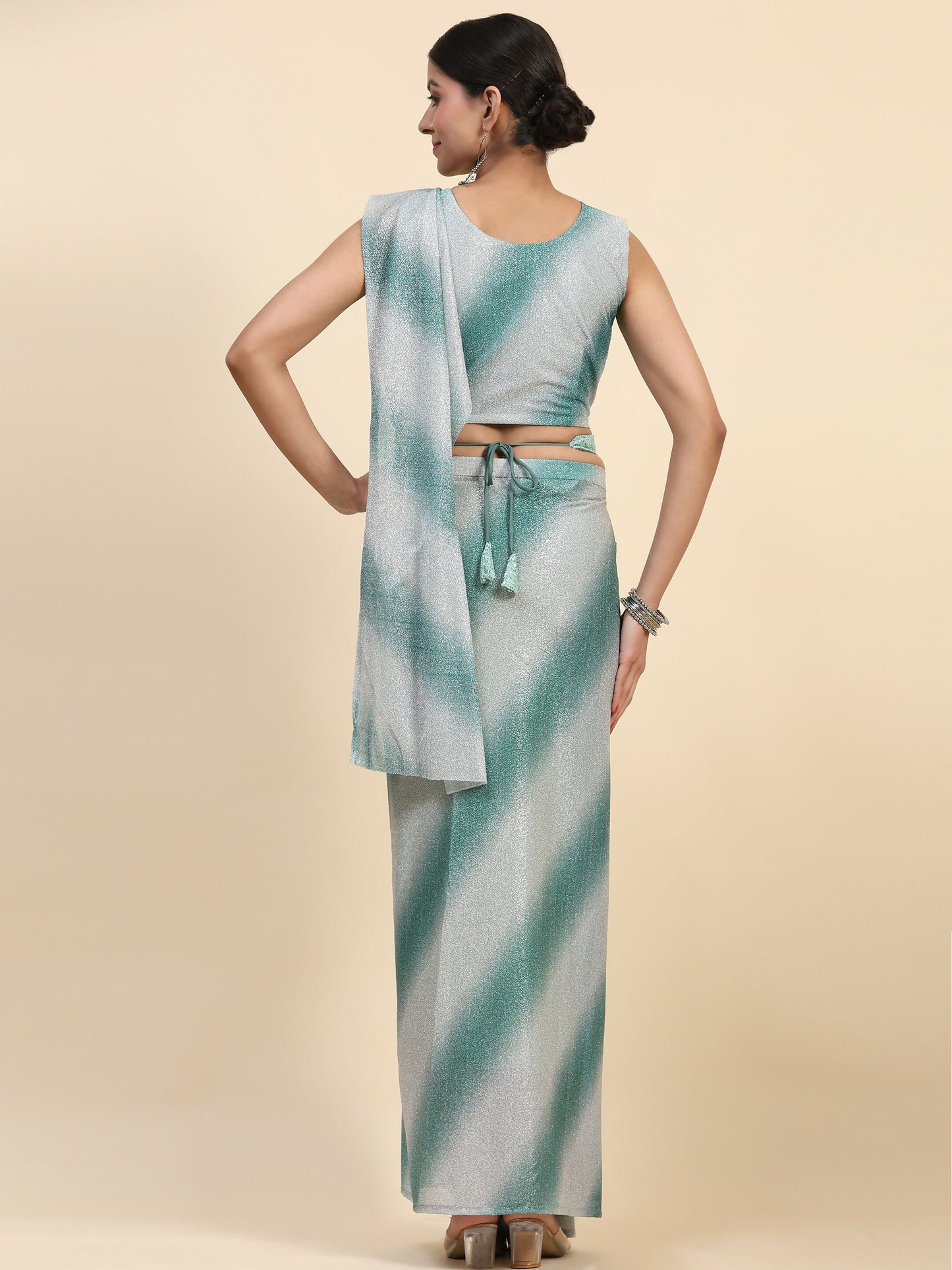 Sea Green Polyester Solid Ready to Wear Saree with stitched Blouse - Aayan - Distacart