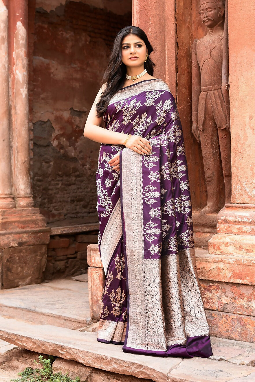 Joban Fashion Purple Pure Katan Pure Handloom Banarasi Silk Saree