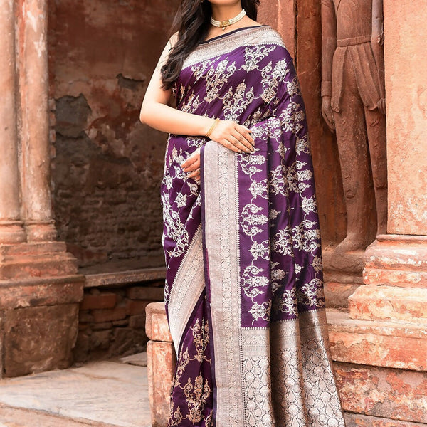 Joban Fashion Purple Pure Katan Pure Handloom Banarasi Silk Saree - Dista