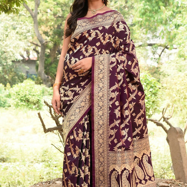 Joban Fashion Wine Banarasi Soft Pure Handloom Banarasi Silk Saree