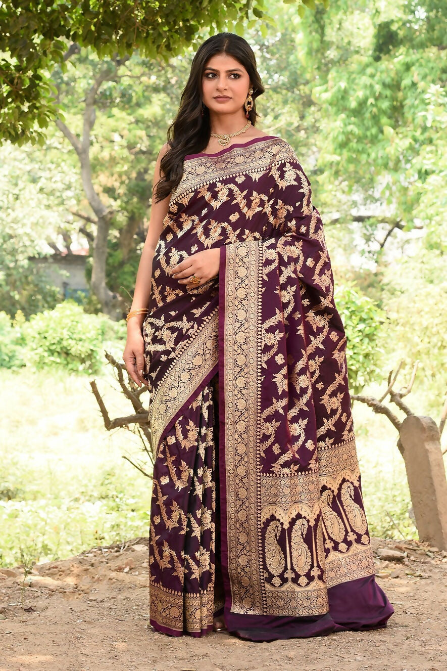 Joban Fashion Wine Banarasi Soft Pure Handloom Banarasi Silk Saree - Dista