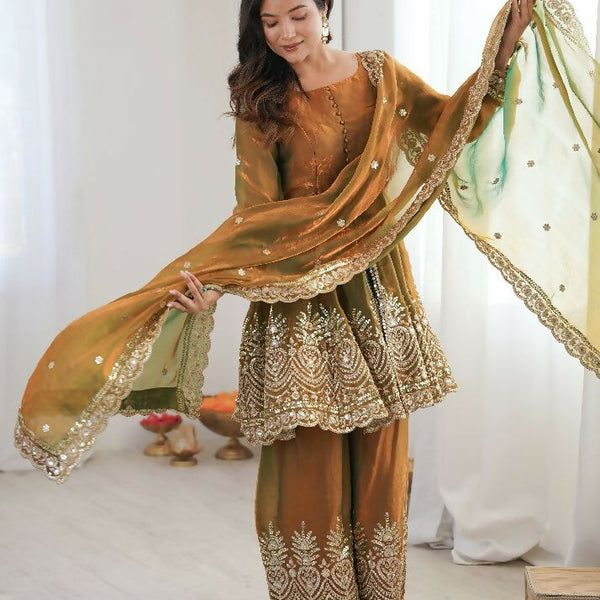 Teeya Creation Olive Color Fendy Satin Silk Embroidery Work Party Wear Salwar Suit - Distacart