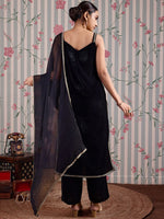Thumbnail for Ode by House of Pataudi V Neck Gotta Patti Velvet Straight Kurta with Trousers & Dupatta - Distacart