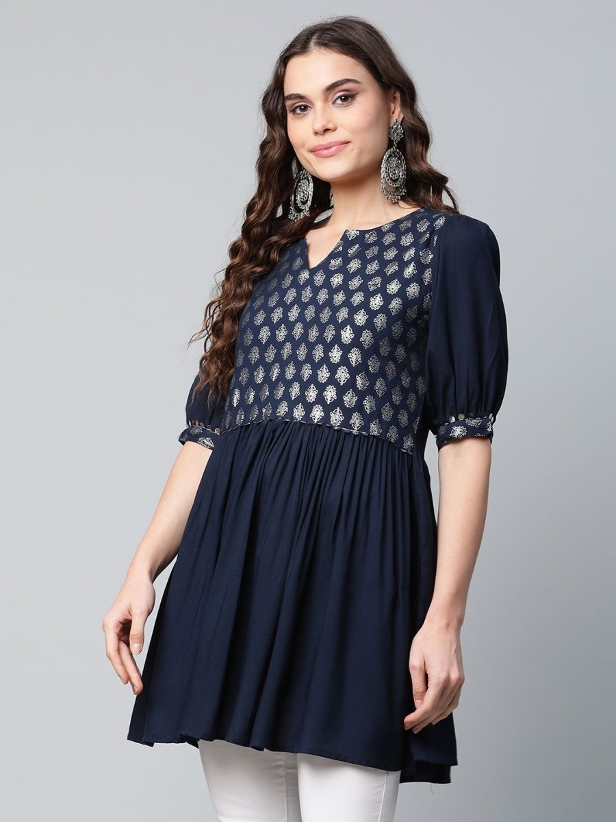 Ahalyaa Women Navy Blue Rayon Silver Foil Print Tunic - Distacart