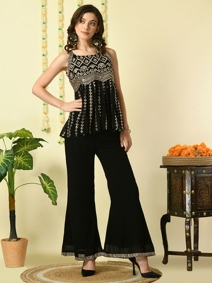 Myshka Women's Black Georgette Top With Palazzos Party Sets - Distacart