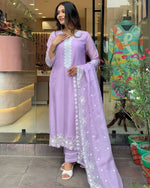 Thumbnail for The52 Lavender Women's Gorgeous Embroidered Georgette Fabric Straight Kurta Pant with Dupatta Set - Distacart