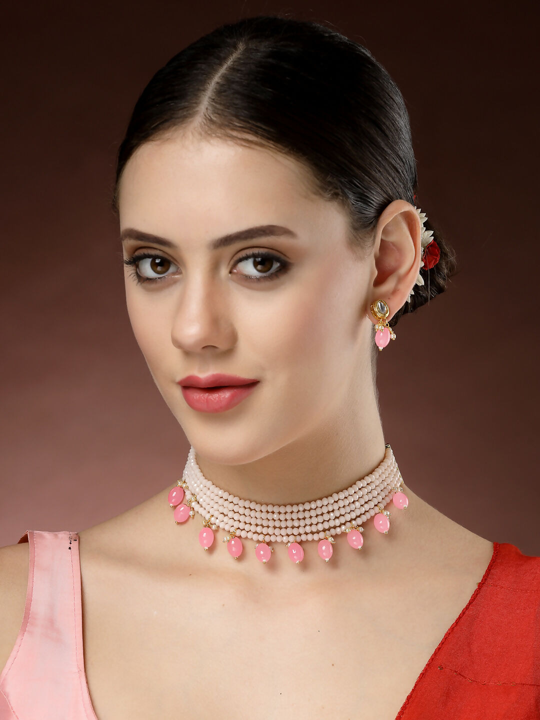 NVR Women's Pink Artificial Beads Layered Necklace with Drop Earring - Distacart