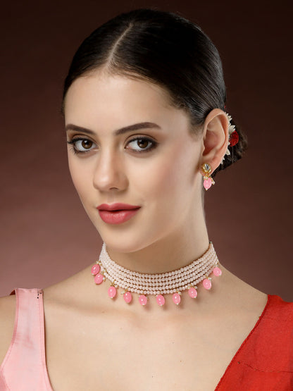 NVR Women's Pink Artificial Beads Layered Necklace with Drop Earring - Distacart