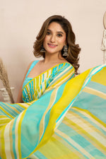 Thumbnail for Joban Fashion Yellow Striped (Leheriya) Linen Ready To Wear Saree With Unstitched Blouse - Distacart