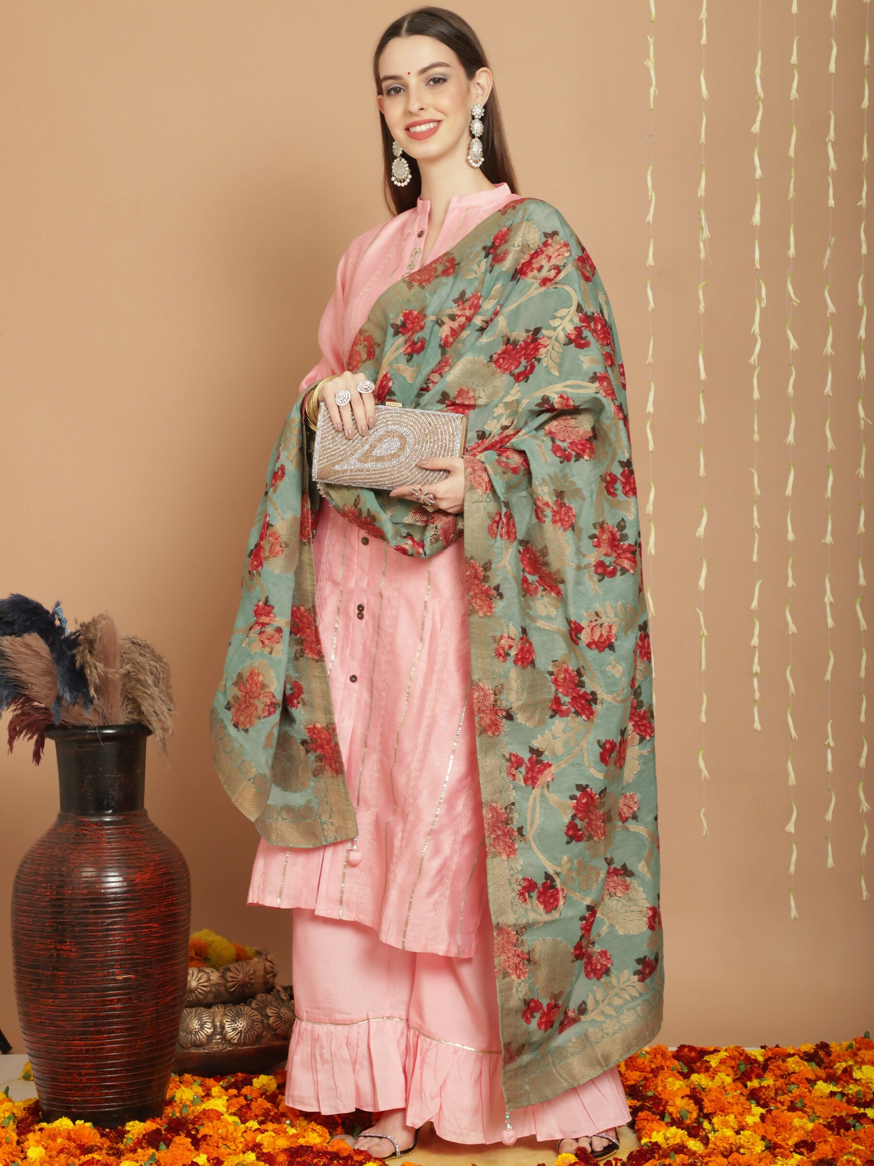 Jyoti Fashion Women's Peach Chanderi Silk Elegant Jardoshi Kurta with Trouser & Dupatta - Distacart