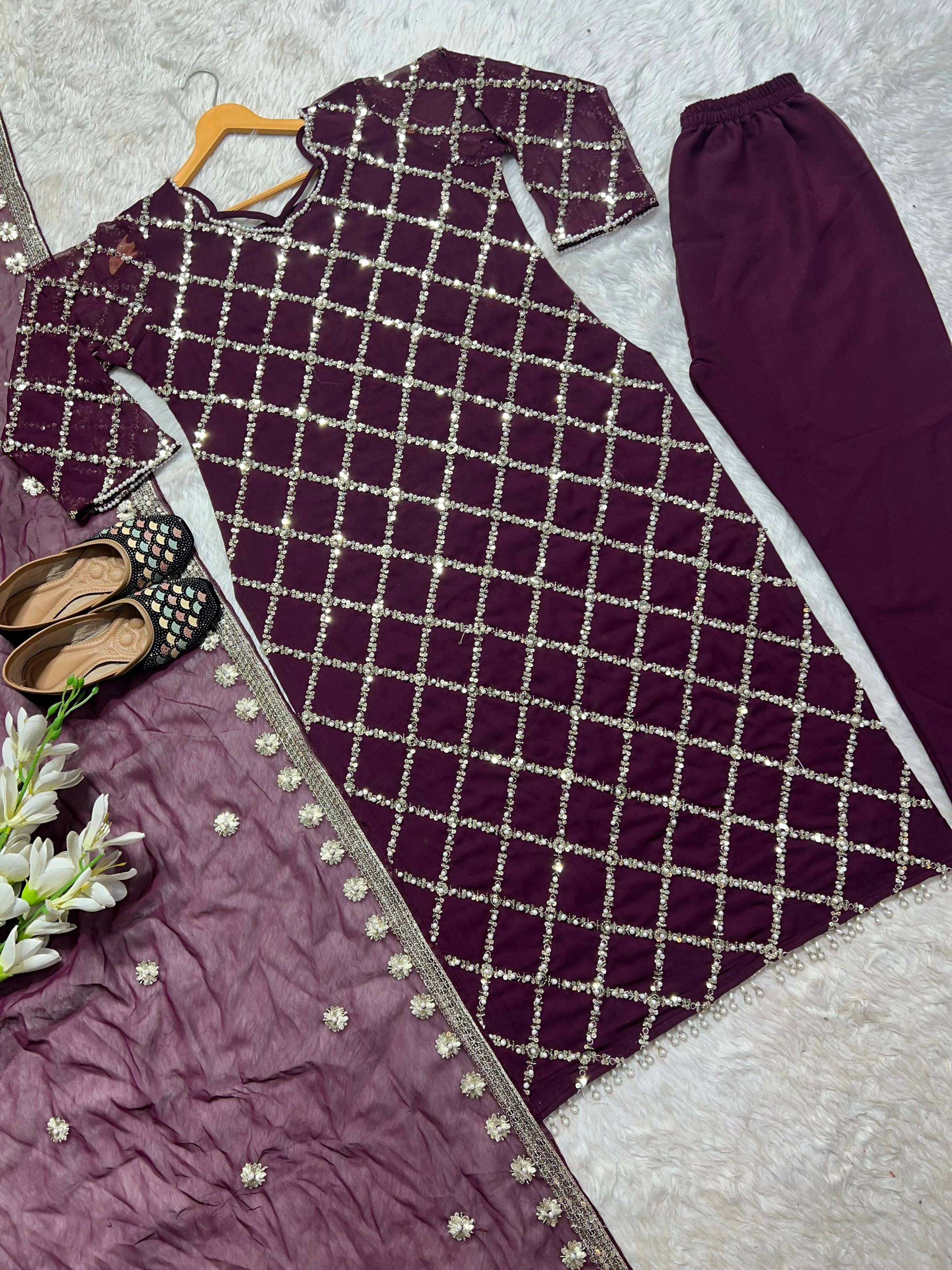 Preksha Creation Indian Festival Special Women Faux Georgette Sequence Embroidered Work Top And Pant With Dupatta - Purple - Distacart