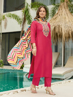 Thumbnail for The52 Women's Beautiful Rayon Fabric Embroidery Work Straight Kurta Pant and Dupatta Set - Distacart