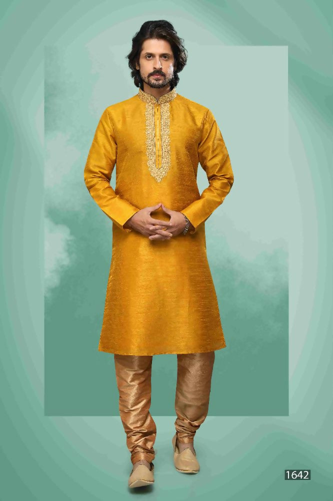 Raivat Ethnic Art Silk Mirror Embroidery Work Kurta Pajama In Mustard Colour - Dista