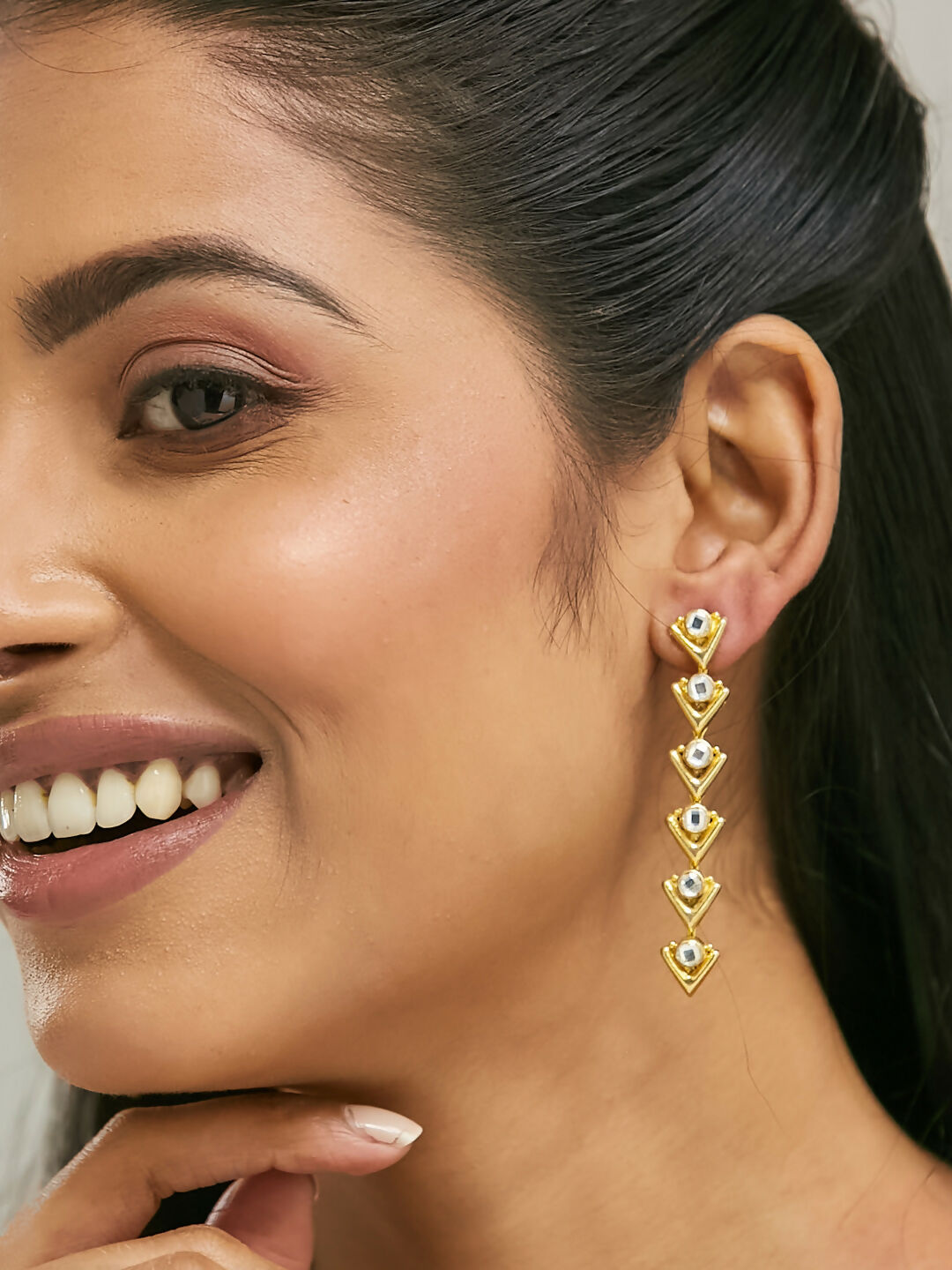Nuyug 18K Gold-Plated Crystal Stone Studded Triangular Drop Sleek Earrings
