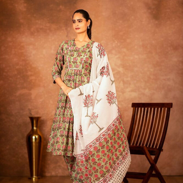 Joban Fashion Green Hand Block Printed Cotton Suit Set - Distacart
