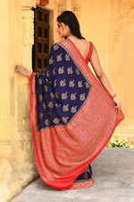 Thumbnail for Joban Fashion Navy Blue Crepe Chiffon Pure Handloom Banarasi Silk Saree