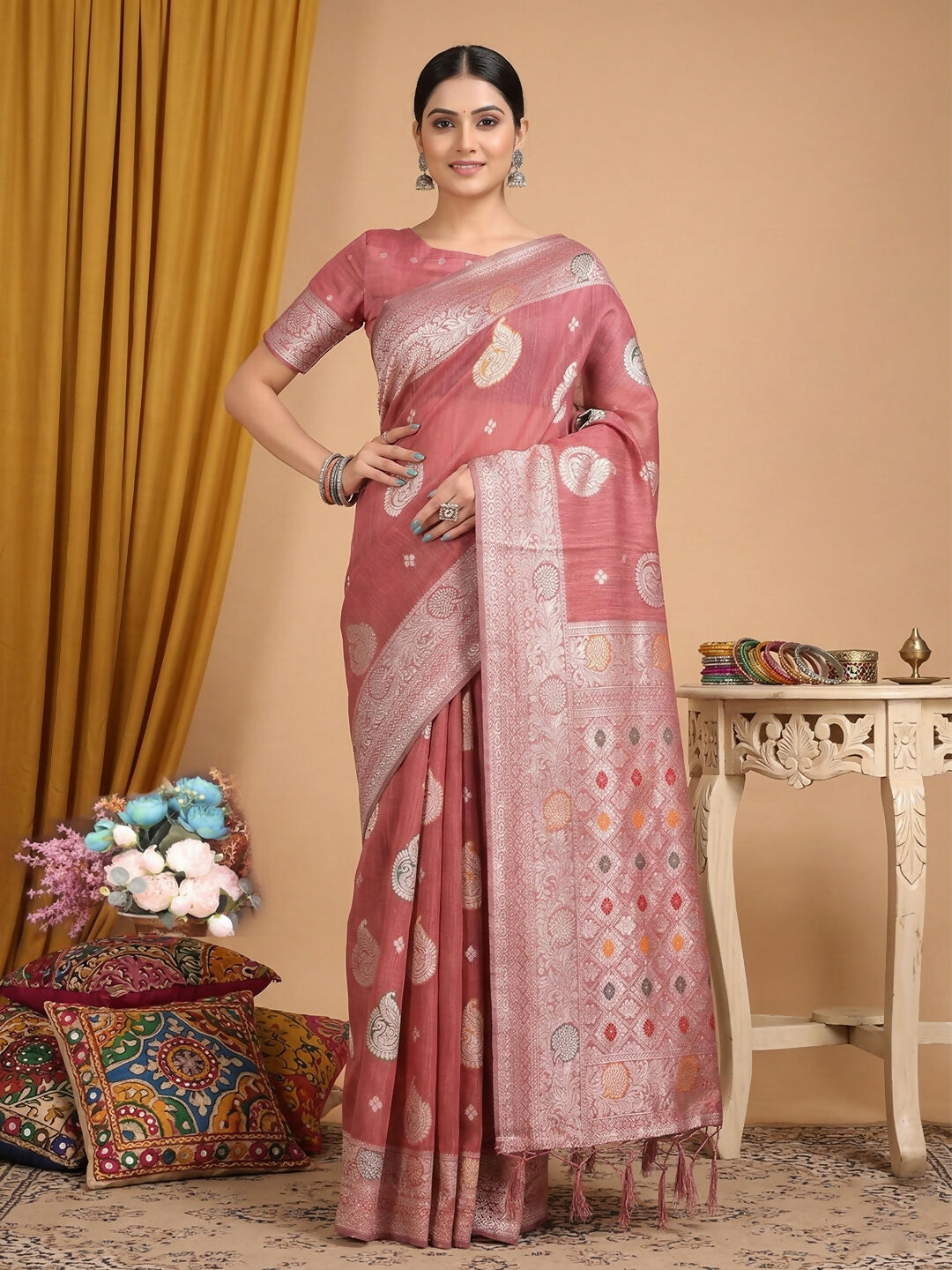 Shree Shyam Fashion Pink Linen Cotton Saree - Distacart