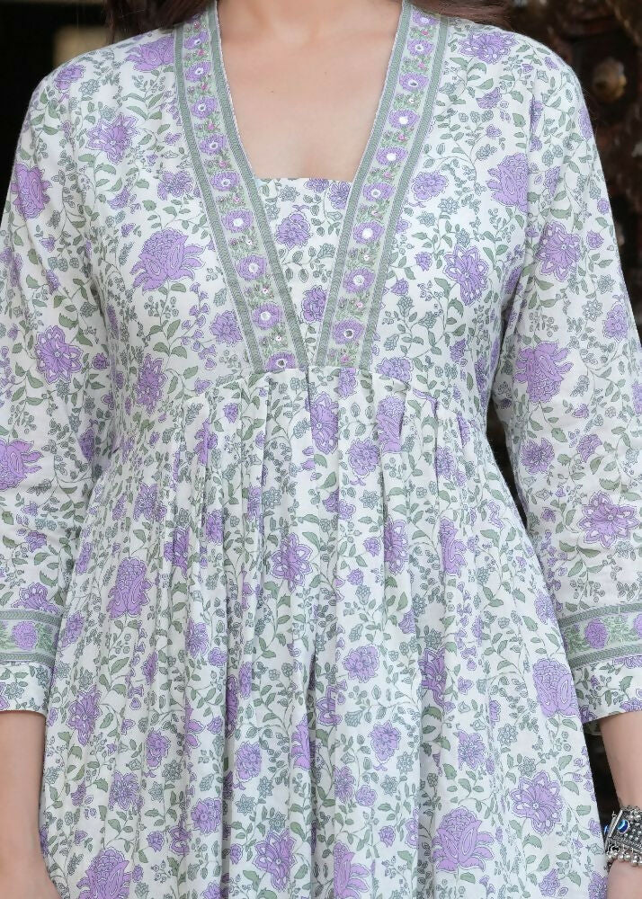 Jaimini Women Cotton Printed V-Neck 3/4 Sleeves Calf Length Flared Kurta Pant And Dupatta Set - Dista