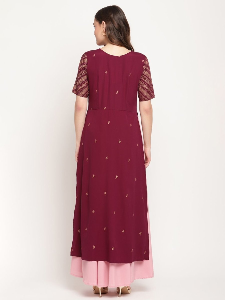 Ahalyaa Women Wine Crepe Glitter Print Dress