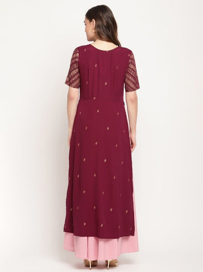 Ahalyaa Women Wine Crepe Glitter Print Dress
