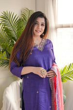 Thumbnail for The52 Purple Women's Gorgeous Embroidered Vichitra Fabric Straight Kurta Pant with Dupatta Set - Distacart