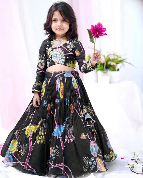 Divine Drape Girl's Chinon Silk Digital Print Lehenga Choli - Black