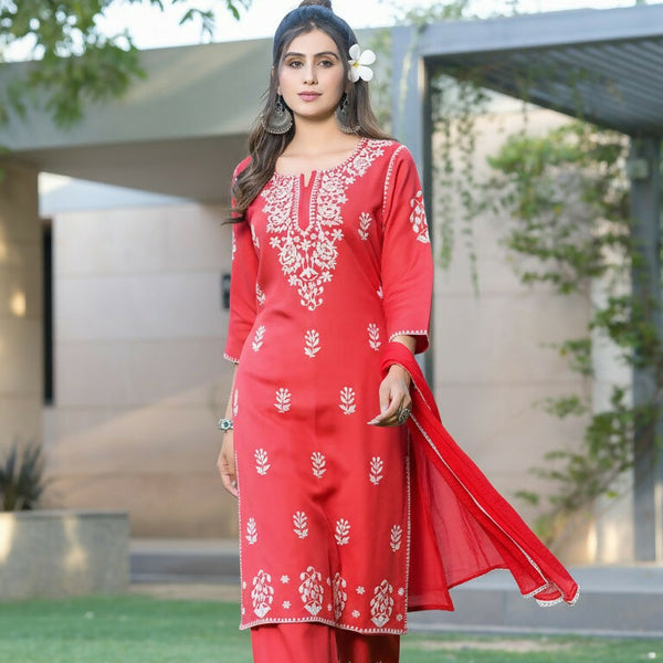 BulBul Akshyani Rust Rayon Kurta Set with Dupatta
