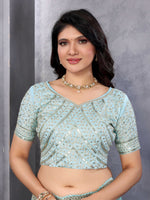 Thumbnail for Vastranavya Sky Blue Embroidery Work Shimmer Chiffon Saree with Unstitched Blouse