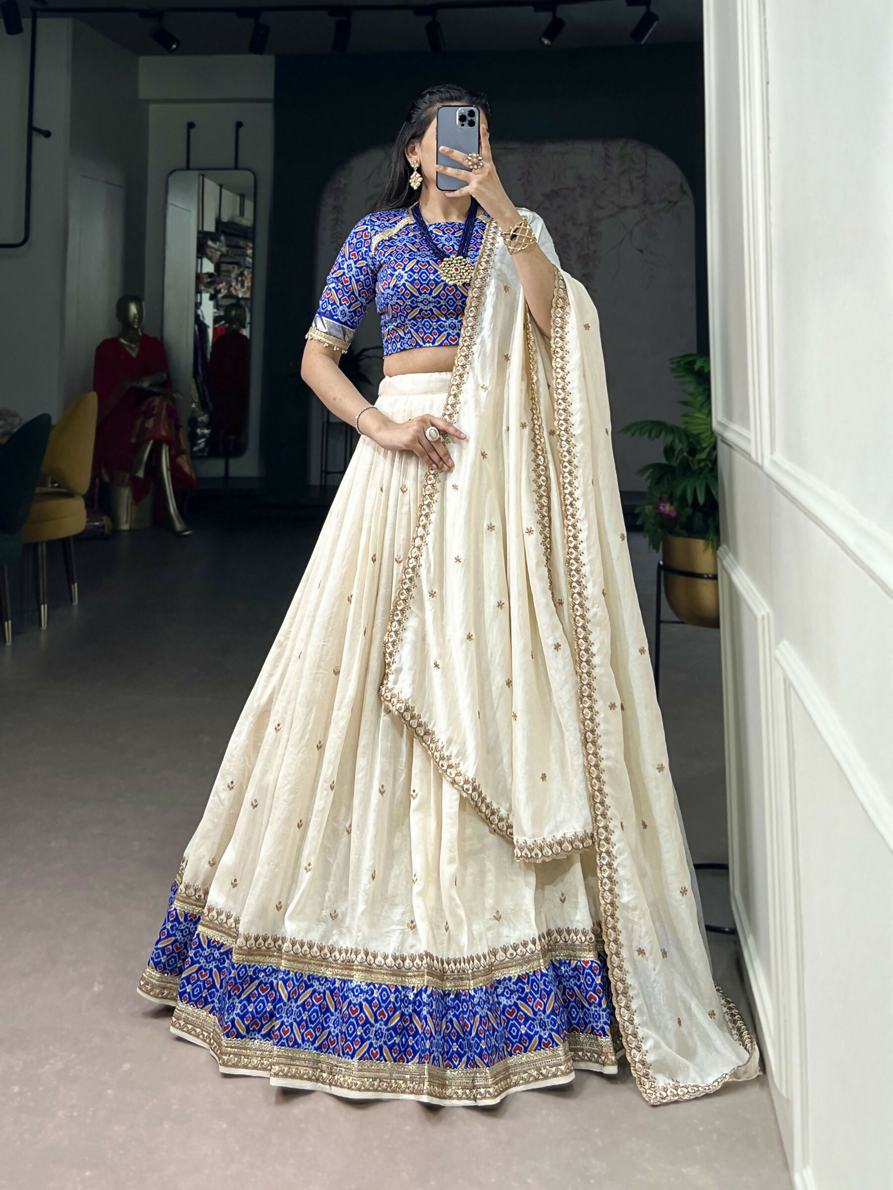 Lorenvalley Fashion White Vichitra Silk Sequins and Thread Embroidery Work Lehenga Choli with Dupatta - Dista