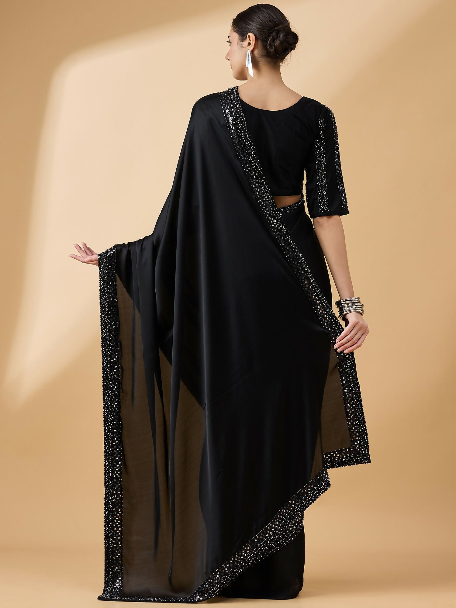 Black Satin Solid Sequence Work Saree with Stitched Blouse - Dharavi - Distacart