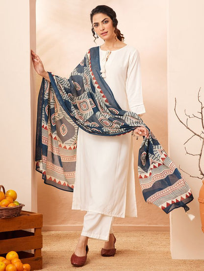 Janasya Off White Straight Rayon Kurta,Bottom & Dupatta - Dista