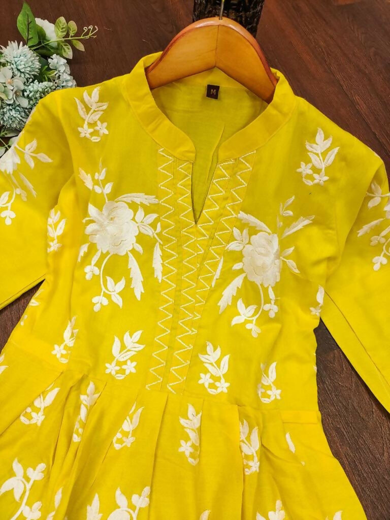 Preksha Creation Rayon Embroidered Thread Work Women Yellow Gown - Distacart