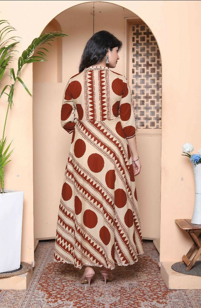 Miravan Womens Brown Printed V-Neck Anarkali Kurta