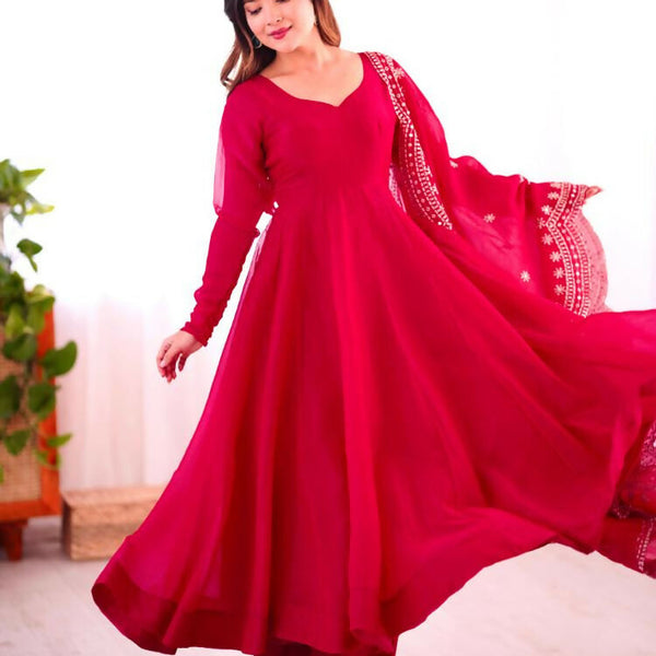 Joban Fashion Red Chinnon Silk Sequence Embroidery Work Readymade Kurta Set