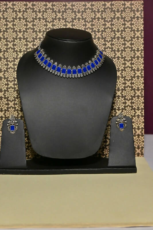 Artificial Stone Studded Oxidized Necklace Blue Jewellery set with 1 Pair of Earrings By House of Ree - Distacart
