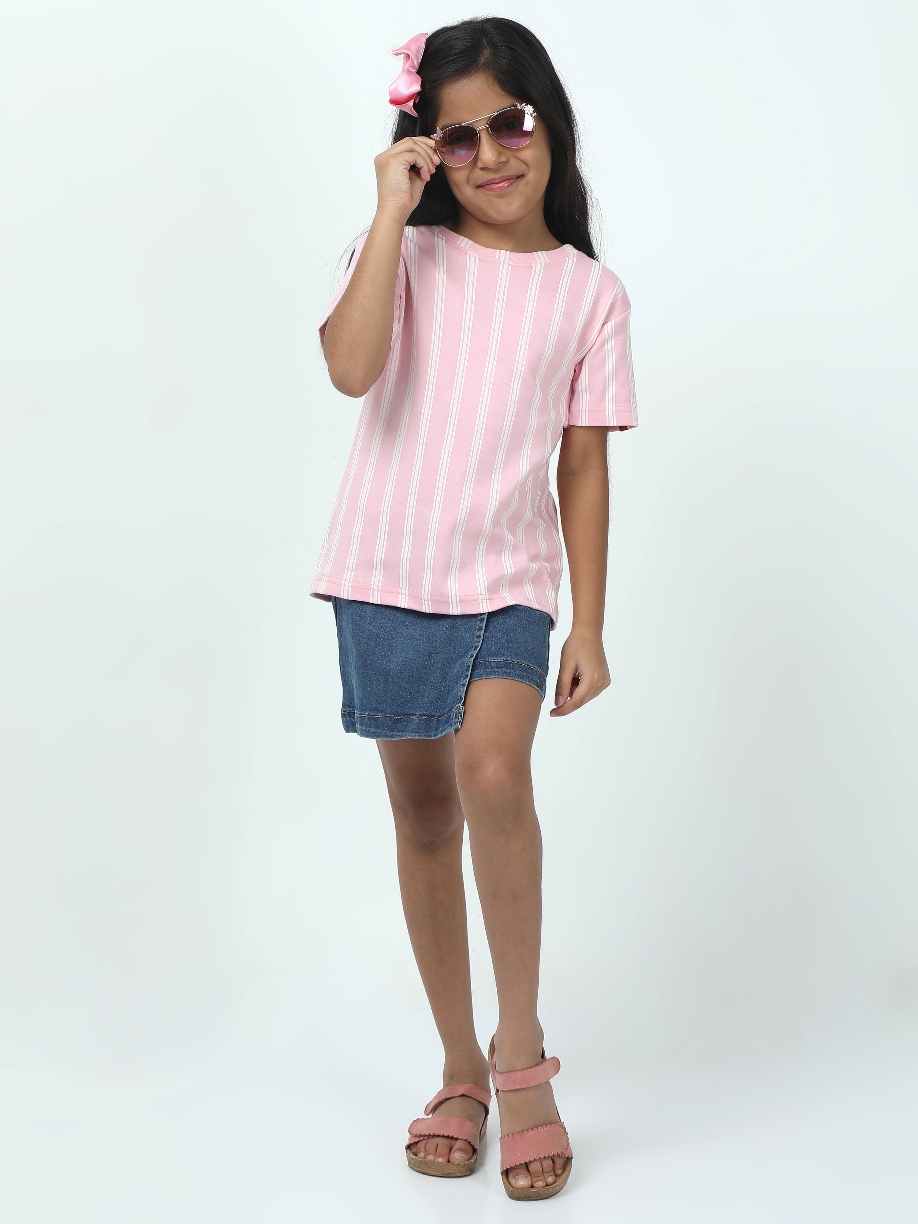Chilins Kids Girls Regular Fit T-Shirt- Pink Strip