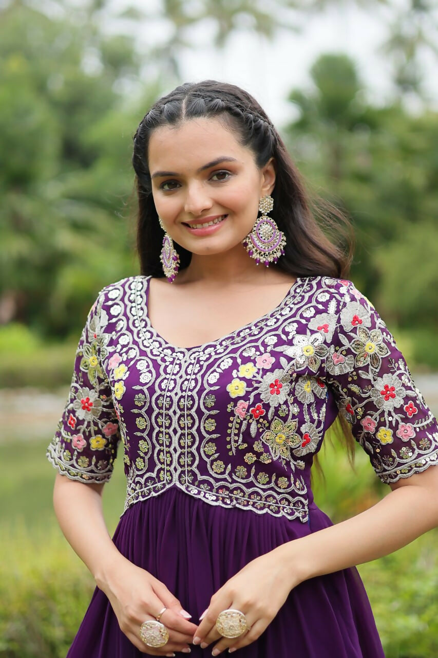 Preksha Creation Indian Purple Women Faux Blooming Gown with Embroidery Zari Sequins-work - Distacart