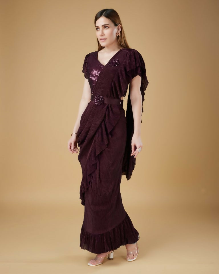 Wine Imported Crush Solid Ready to Wear Saree with stitched Blouse - Aayan - Distacart