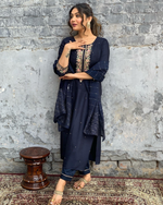 Thumbnail for The52 Blue Women's Gorgeous Embroidered Viscose Chanderi Fabric Straight Kurta Pant with Dupatta Set - Distacart