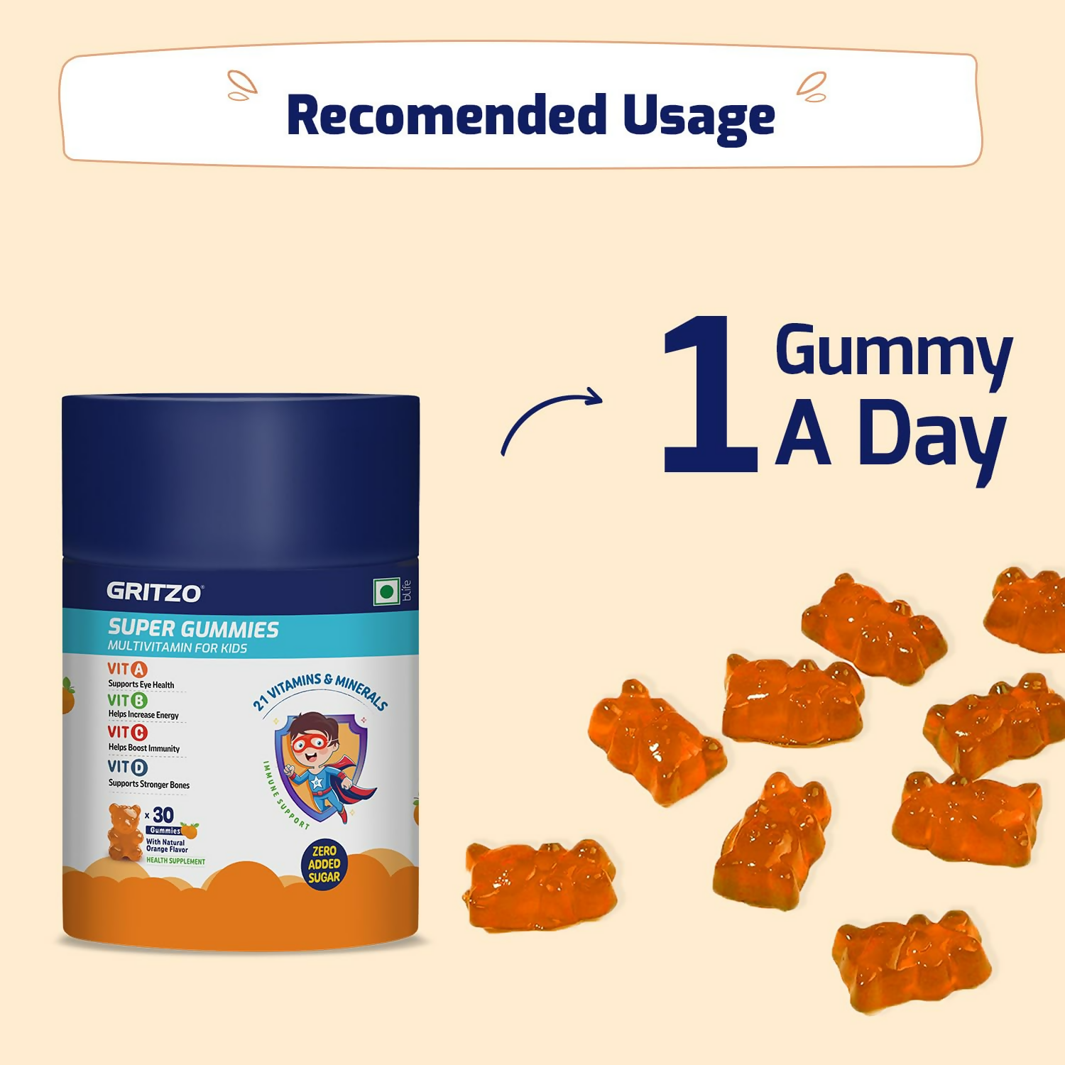 Gritzo Super Gummies, Multivitamin for Kids (Natural Orange Flavour) - Distacart