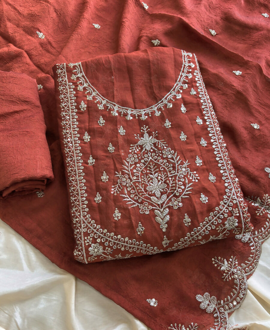 KC Orange Wedding Wear Embroidered Crush Silk Salwar Suit - Dista