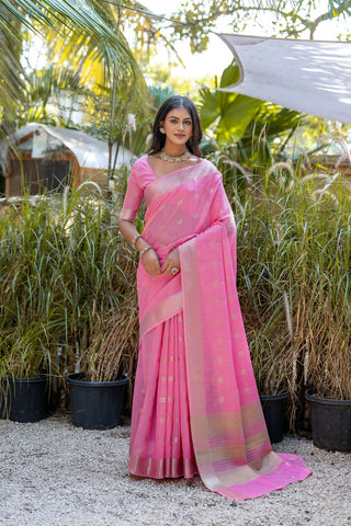 Vishnu Weaves Women's Pink Pure Cotton Zari Woven Saree with Blouse - Distacart