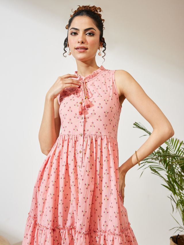 Janasya Peach Fit & Flare Cotton Dress - Dista