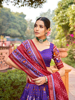 Thumbnail for Vastranavya Patola Printed and Foil Work Tussar Silk Lehenga with Unstitched Blouse - Purple - Distacart