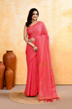 Thumbnail for Piyari Fashion Women's Pink Embellished Cotton Blend Zari Check Handloom Saree - Distacart
