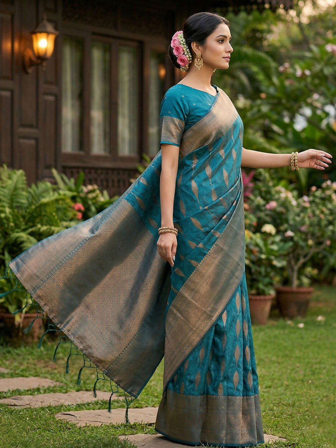 Shree Shyam Fashion Rama Blue Silk Blend Saree - Distacart