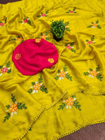 Thumbnail for Teeya Creation Yellow Rangoli Silk Embroidery Work Party Wear Designer Saree - Distacart